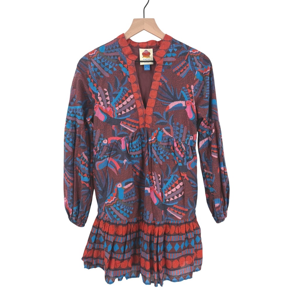 Farm Rio Small Tropical Bird Print Mini Dress V Neck Long Sleeve Boho